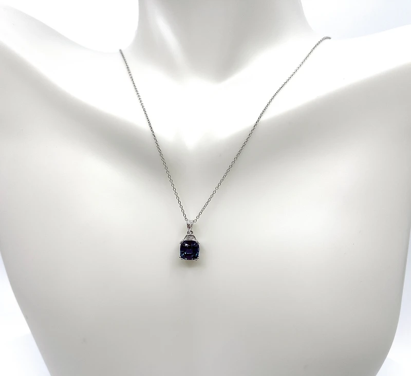 10K White Gold 6mm Cushion Cut Created Alexandrite & 0.01cttw Diamond Pendant, 18"