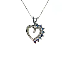 10K White Gold 0.03 cttw Diamond and Sapphire Heart Pendant, 18"