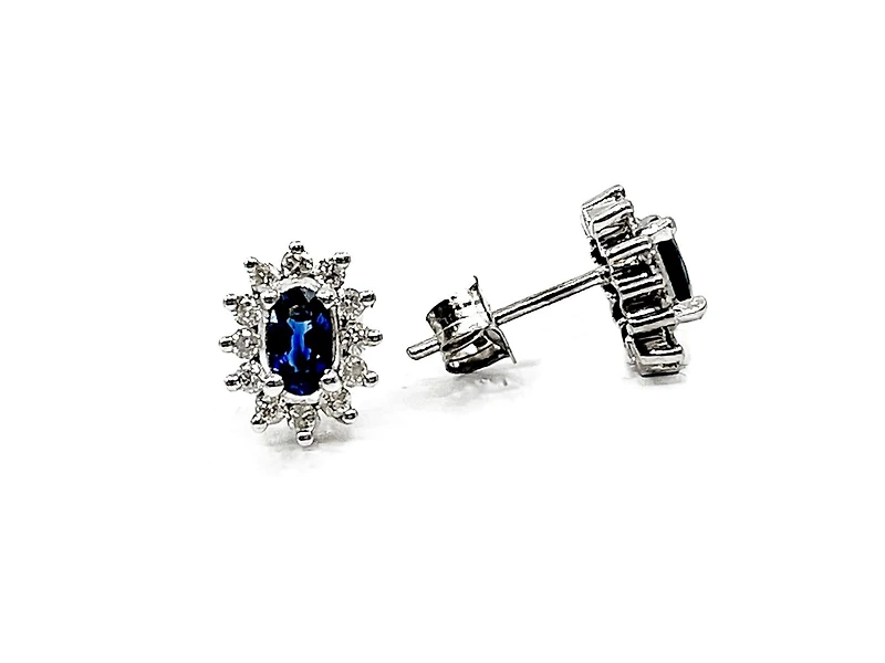 14K White Gold 0.55cttw Genuine Sapphire & 0.32cttw Diamond Halo Earrings