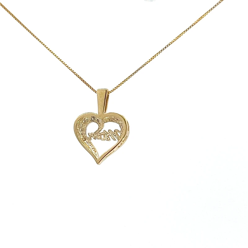 10K Yellow Gold 0.02 cttw Diamond "Mom" Heart Pendant, 18"