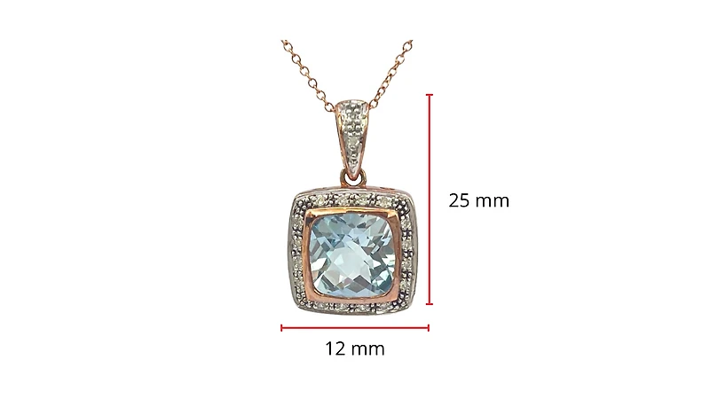 10K Rose Gold 8mm Cushion Cut Blue Topaz and 0.063cttw Diamond Pendant, 18"