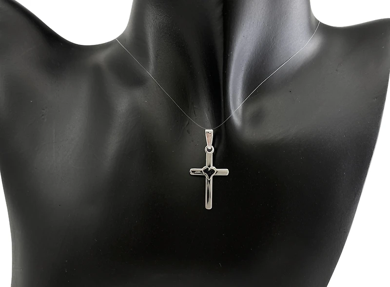 925 Sterling Silver 25mm x 15mm Flat Cross Charm with a Heart Center