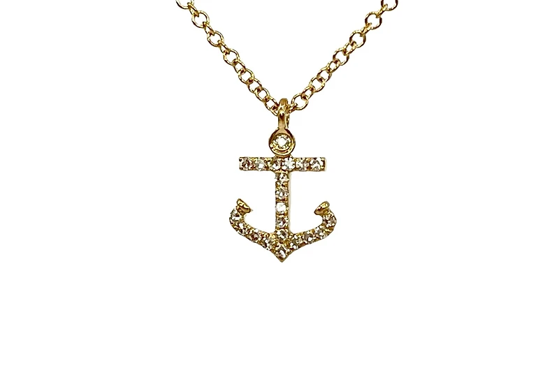 14K Yellow Gold 0.07cttw Diamond Anchor Pendant, 18"