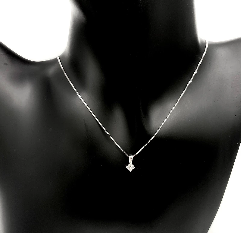 14K White Gold 0.13cttw Princess Cut Canadian Diamond Solitaire Pendant, 18"