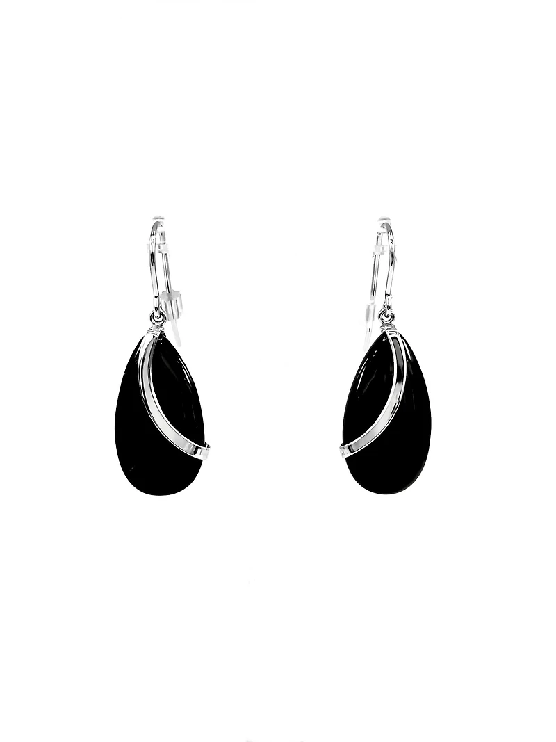 Sterling Silver Fish Hook Drop Shape Onyx Earrings 20mmx10mm