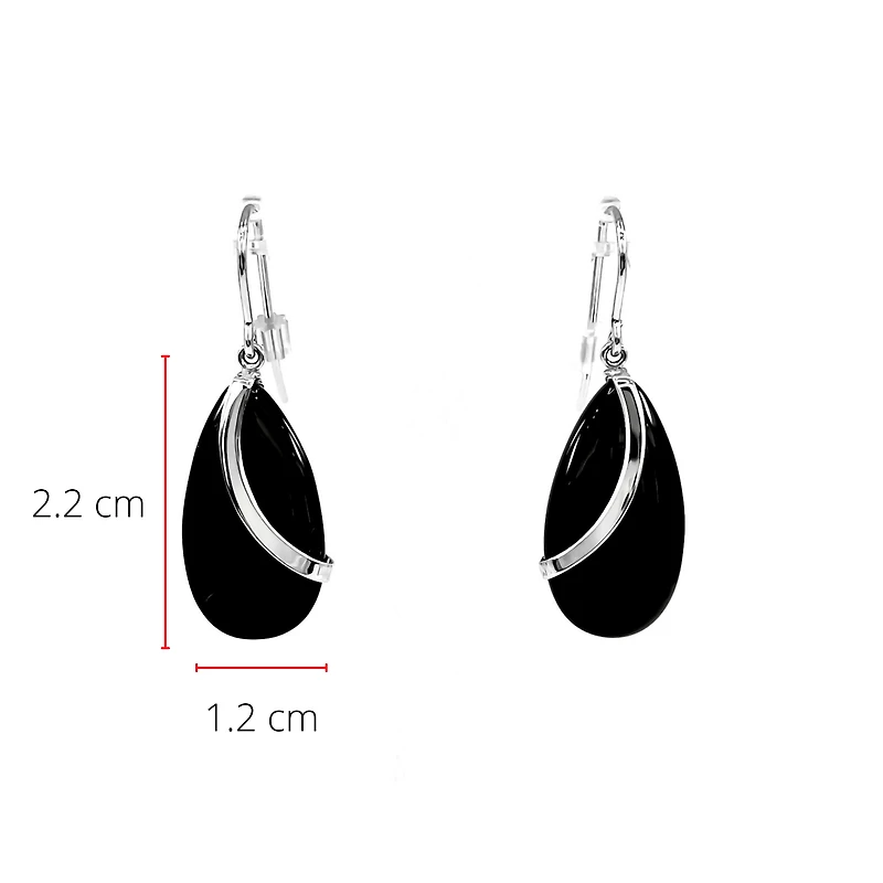 Sterling Silver Fish Hook Drop Shape Onyx Earrings 20mmx10mm