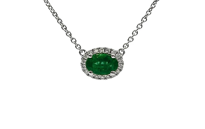 18K White Gold  Oval Cut Emerald and Diamond Halo Necklace, 16-18"