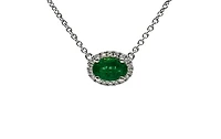 18K White Gold  Oval Cut Emerald and Diamond Halo Necklace, 16-18"
