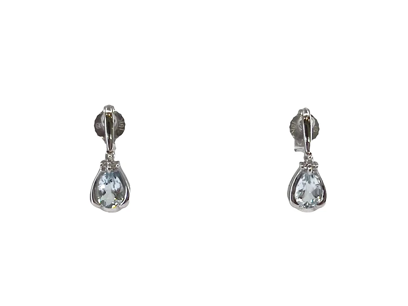 10K White Gold 0.70cttw Genuine Aquamarine Pear Cut & 0.03cttw Diamond Stud / Dangle / Drop Earrings