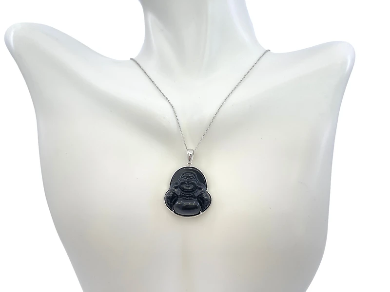 10K White Gold 20mm Dyed Black Jade Buddha Pendant - 18"