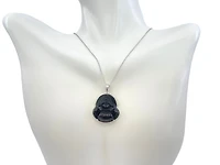 10K White Gold 20mm Dyed Black Jade Buddha Pendant - 18"