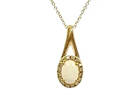 10K Yellow Gold 7x5mm Oval Cut White Opal and 0.08cttw Diamond Halo Pendant - 18 Inches