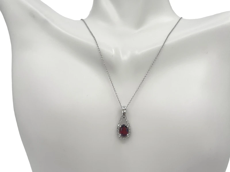 10K White Gold 0.90cttw Garnet and 0.11cttw Diamond Pendant - 18 Inches