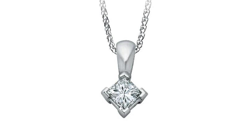 14K White Gold 0.10cttw Princess Cut Square Cut Canadian Diamond Necklace, 18”