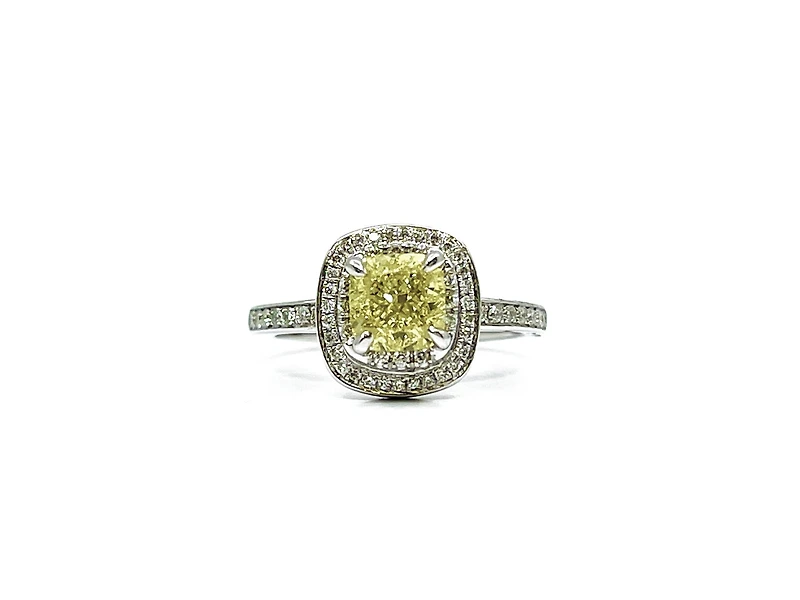14K White Gold 1.33cttw Fancy Yellow and White Diamond Halo Engagement Ring, size 6