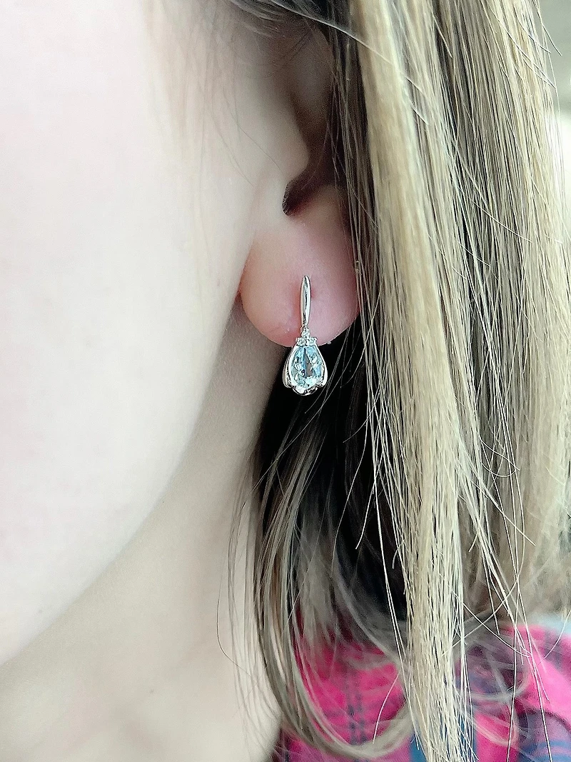 10K White Gold 0.70cttw Genuine Aquamarine Pear Cut & 0.03cttw Diamond Stud / Dangle / Drop Earrings