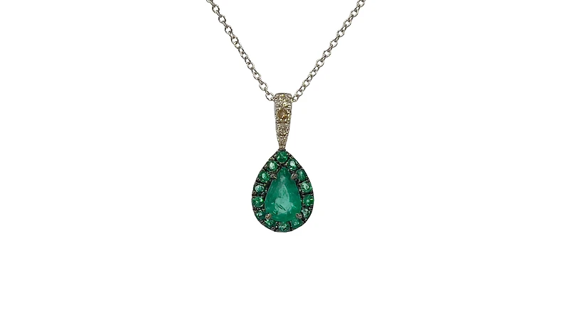10K White Gold 0.47cttw Pear Cut Emerald and 0.055cttw Diamond Pendant, 18"