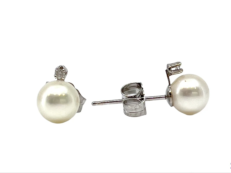 14K White Gold 5.5-6mm Cultured Pearl and 0.02cttw Diamond Earrings with Butterfly Backs