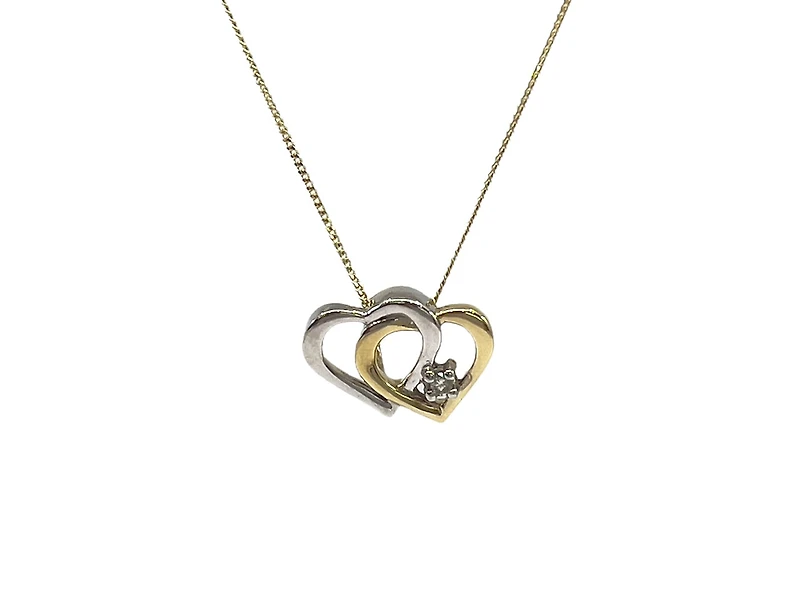 10K White & Yellow Gold 0.01cttw Diamond Double Heart Pendant, 18"