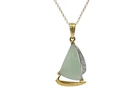 10K Yellow Gold Sailboat Shape Jade Pendant with Diamonds - 18"