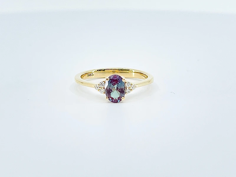 14K Yellow Gold Created Alexandrite and Diamond Ring