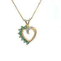 10K Yellow Gold 0.03 cttw Diamond and Emerald Heart Pendant, 18"