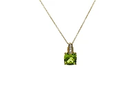 10K Yellow Gold 7mm Cushion Cut Peridot and 0.026cttw Diamond Pendant, 18"