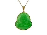 10K Yellow Gold 20mm Dyed Green Jade Buddha Pendant - 18"