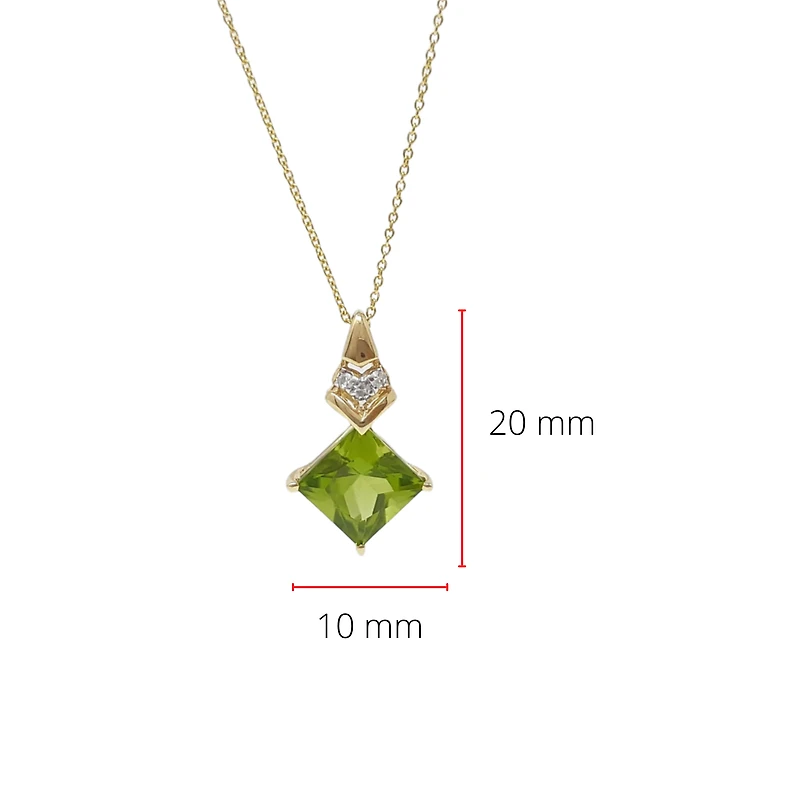 10K Yellow Gold 7mm Princess Cut Peridot and Diamond Pendant
