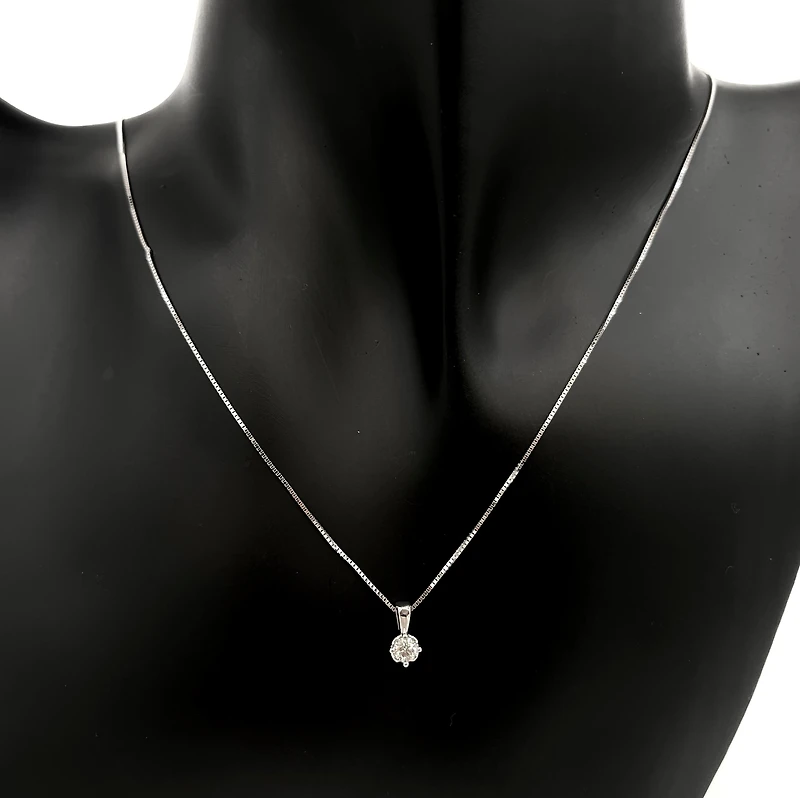 14K White Gold 0.17cttw Round Cut Canadian Diamond Pendant, 18”