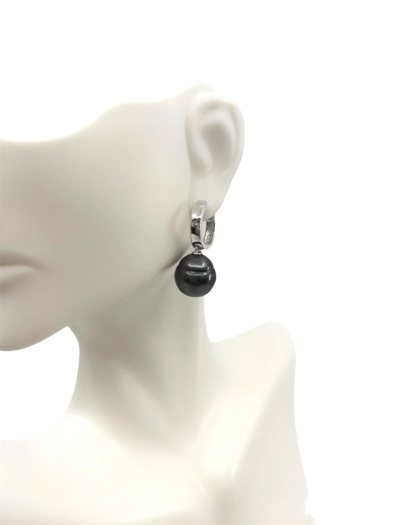 Sterling Silver Tahitian Pearl Dangle Earrings with Hoop Closure