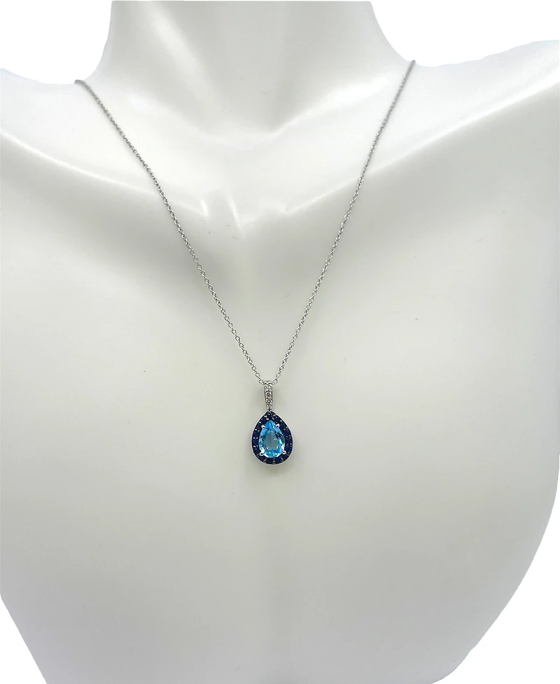 10K White Gold 7x5mm Pear Cut Sky Blue Topaz with Blue Sapphire Halo and 0.03cttw Diamond Necklace - 18 Inches