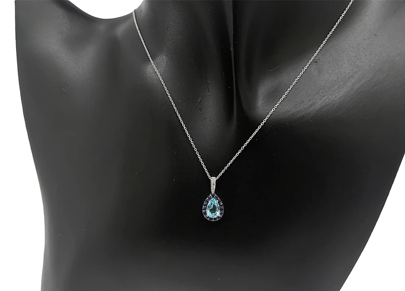 10K White Gold 7x5mm Pear Cut Sky Blue Topaz with Blue Sapphire Halo and 0.03cttw Diamond Necklace - 18 Inches