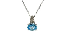 10K White Gold Blue Topaz and Diamond Pendant, 18"
