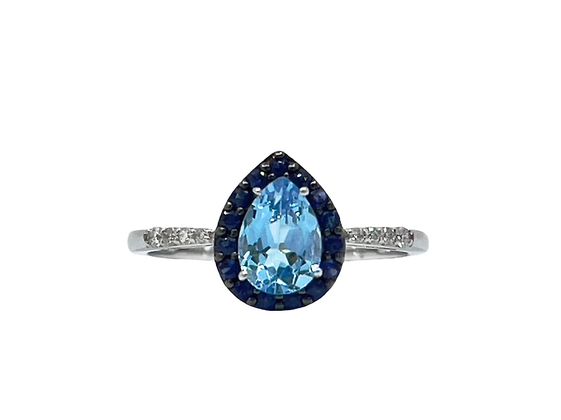 10K White Gold 7x5mm Pear Cut Sky Blue Topaz with Blue Sapphire Halo and 0.10cttw Diamond Ring - 4.5