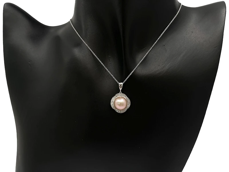 10K White Gold Pink Fresh Water Pearl and White Topaz Pendant, 18"