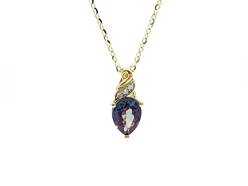 10K Yellow Gold 8x6mm Pear Cut Created Alexandrite and 0.01cttw Diamond Pendant, 18"