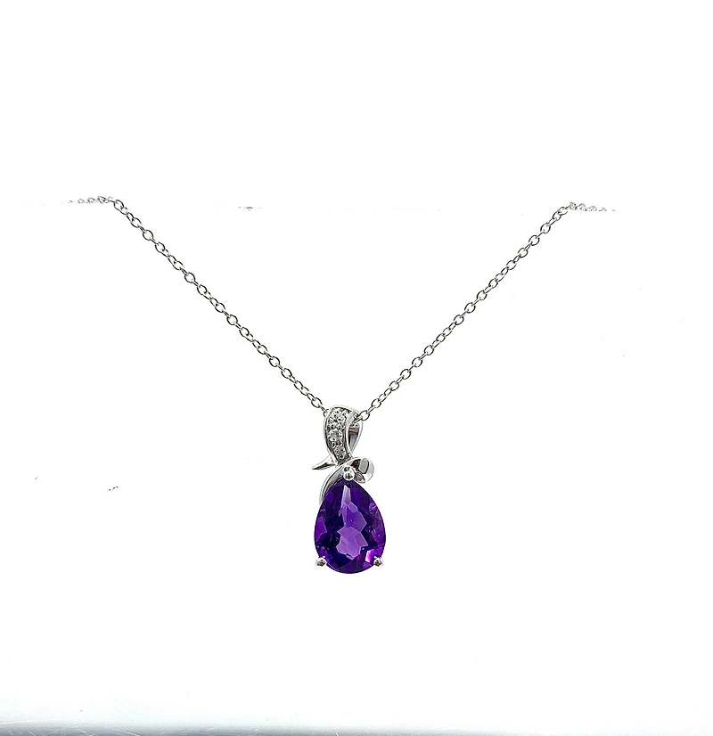 10K White Gold 8x5mm Pear Cut Amethyst & 0.022cttw Diamond Pendant, 18"