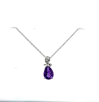 10K White Gold 8x5mm Pear Cut Amethyst & 0.022cttw Diamond Pendant, 18"