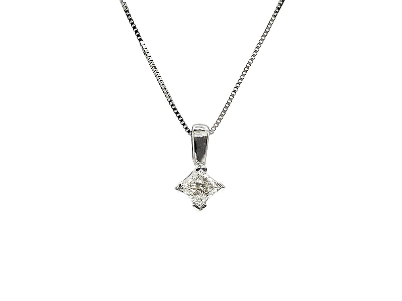 14K White Gold 0.13cttw Princess Cut Canadian Diamond Solitaire Pendant, 18"