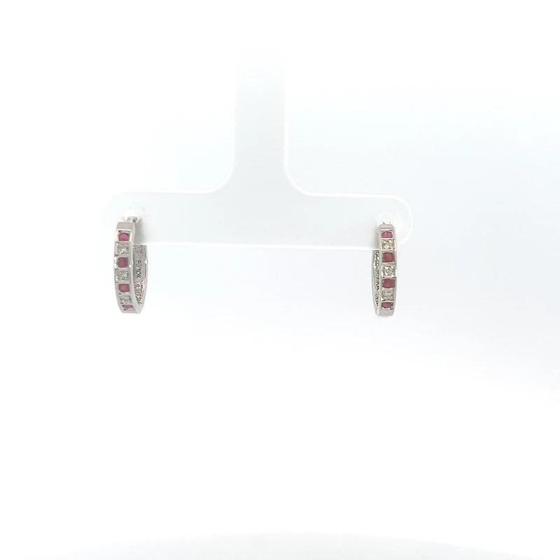 10K White Gold 0.16cttw Genuine Ruby & 0.03cttw Diamond Hoop Huggie Hinged Earrings