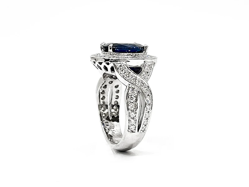 14K White Gold 3.16cttw Genuine Sapphire & 1.15cttw Diamond Ring, Size 6