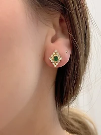 10K Yellow Gold 0.35cttw Emerald and 0.24cttw Diamond Halo Stud Earrings