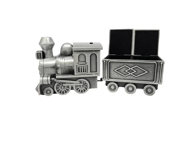 Pewter Engraveable Train Money Bank with First Curl and First Tooth Train Cars