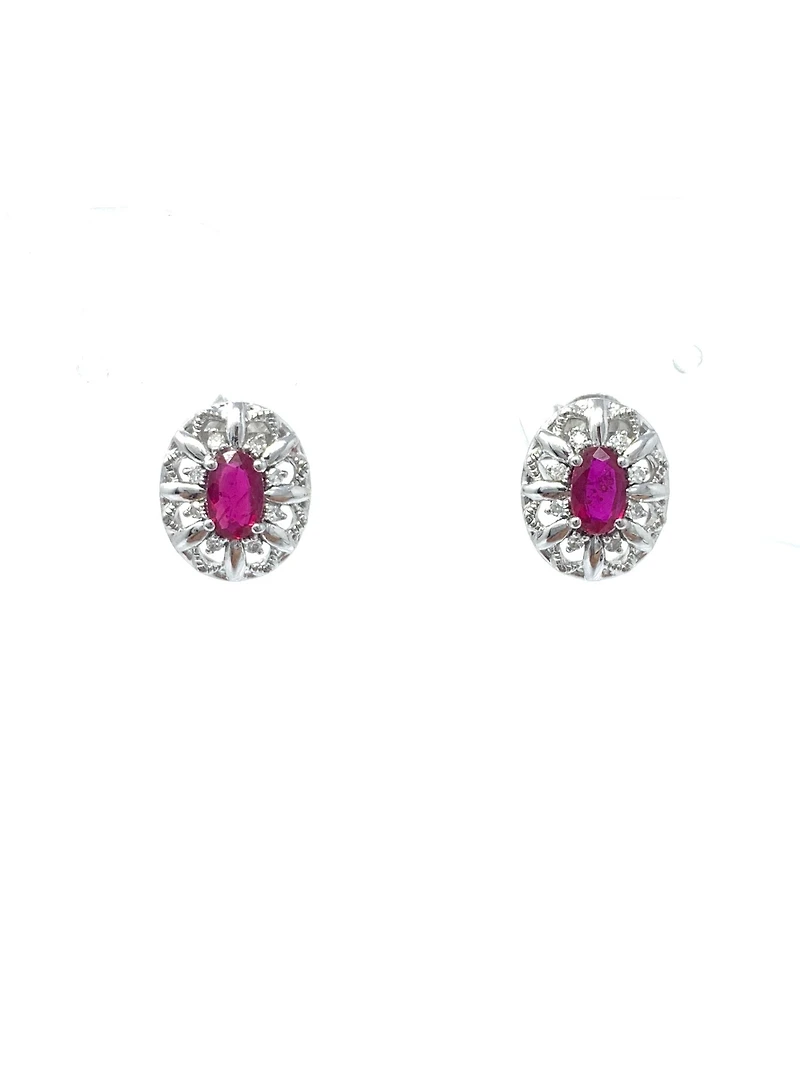 10K White Gold 0.65cttw Genuine Ruby and 0.08cttw Diamond Earrings