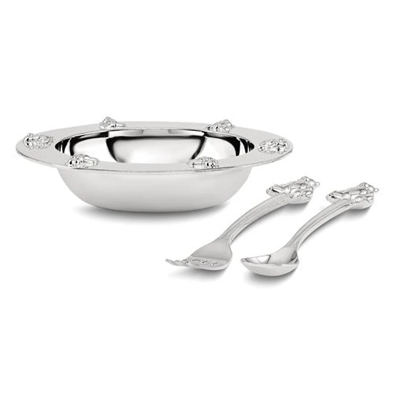 "Silver-plated Teddy Bear Bowl, Spoon, Fork Set"