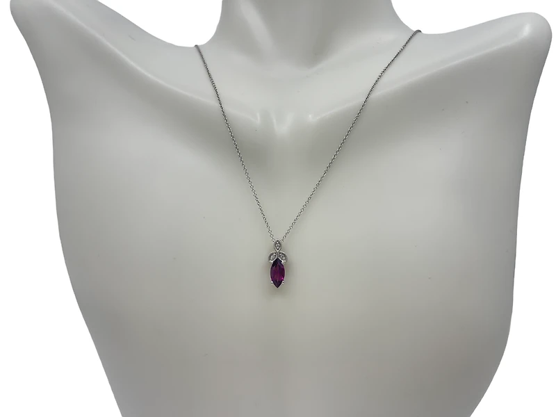 10K White Gold 8mm x 4mm Rhodalite Garnet and 0.02cttw Diamond Pendant with Rolo Chain - 18 Inches
