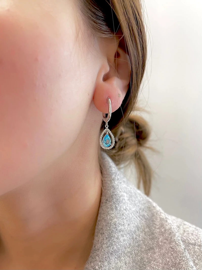 10K White Gold Genuine Blue Topaz & Diamond Earrings