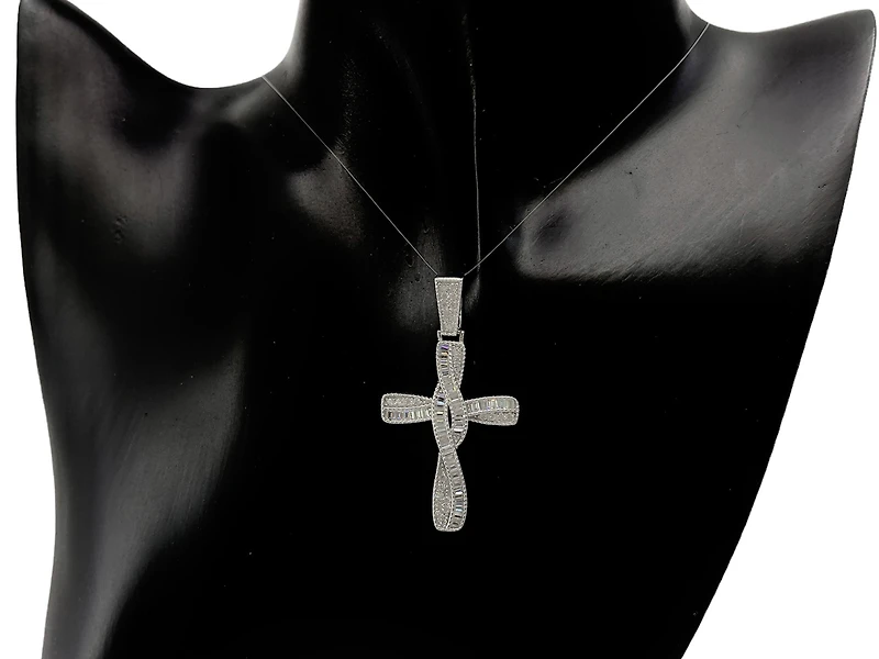 925 Sterling Silver Rhodium Plated Hip Hop Cross with Baguette Cubic Zirconia Cross Pendant - 50mm x 24mm