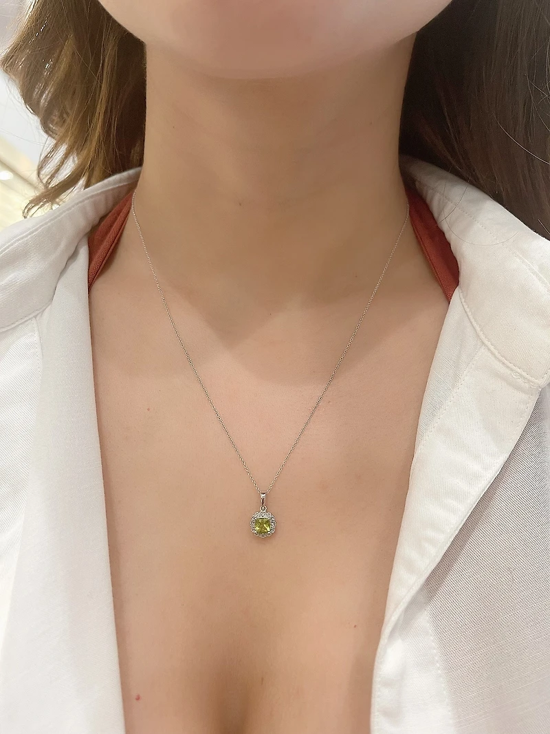 10K White Gold 5mm Cushion Cut Peridot & 0.02cttw Diamond Pendant, 18"